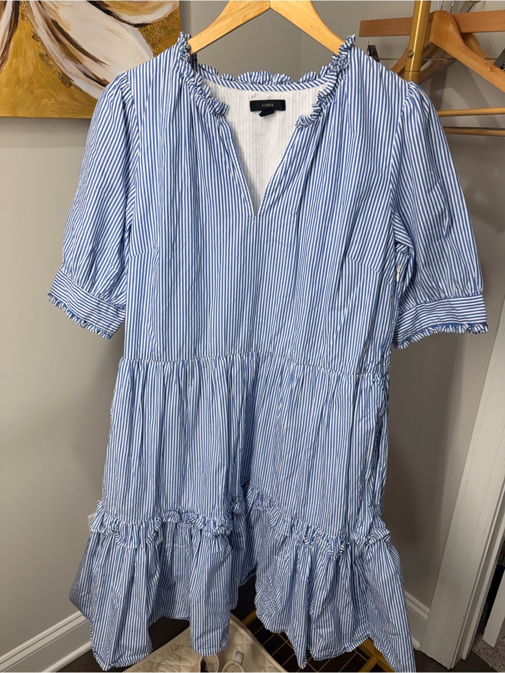 J. Crew Blue & White Striped Ruffle Tiered Dress
